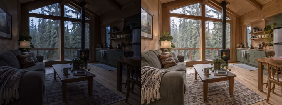 Before: illustrative A woodland Airbnb stay, underexposed