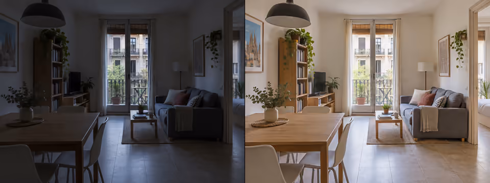 Before: illustrative Barcelona apartment, underexposed