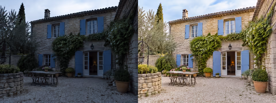 Illustrative stone house in France, with balanced light and blue shutters